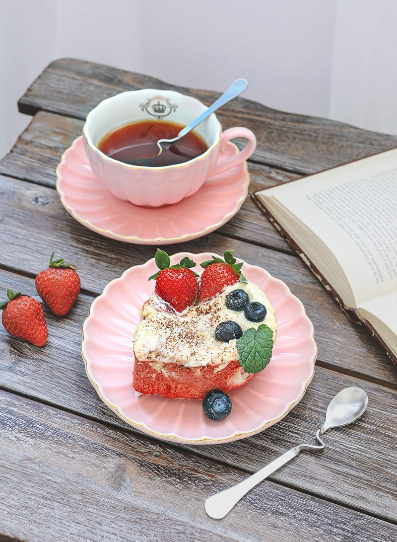 Easy Life - ROYALE - Teacup & Saucer - Pink with Golden Rim | 200 ml Home & Kitchen