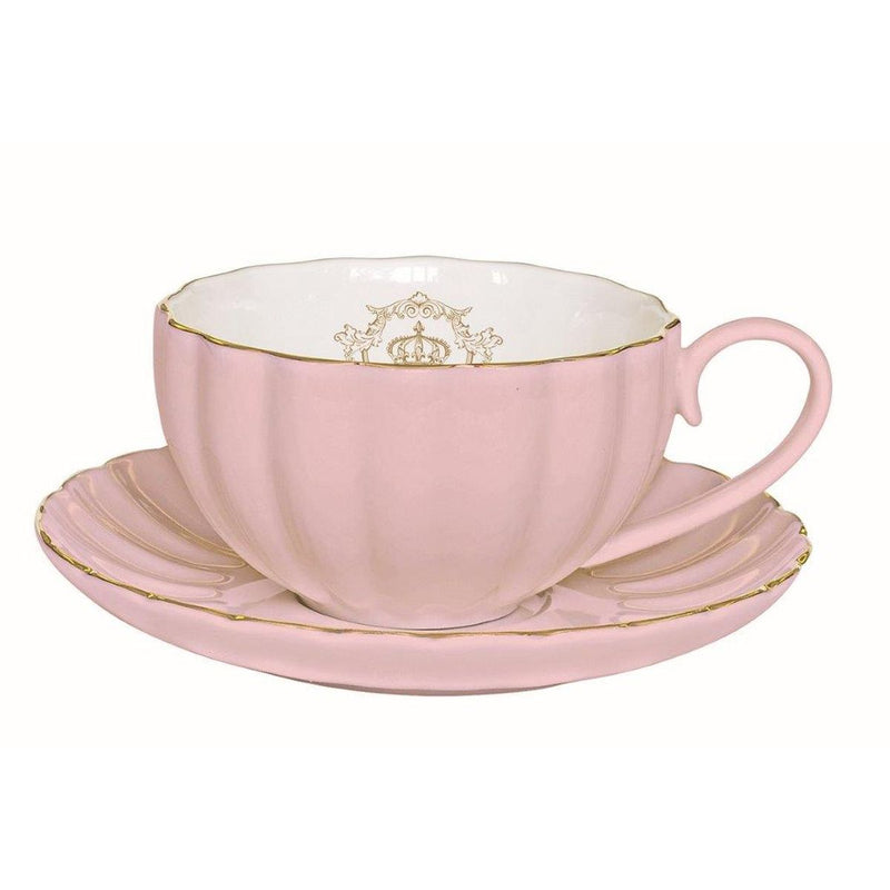 Easy Life - ROYALE - Teacup & Saucer - Pink with Golden Rim | 200 ml Home & Kitchen