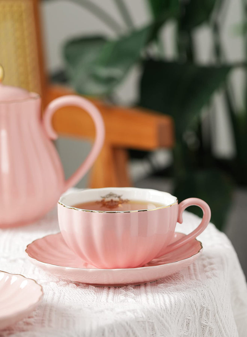 Easy Life - ROYALE - Teacup & Saucer - Pink with Golden Rim | 200 ml Home & Kitchen