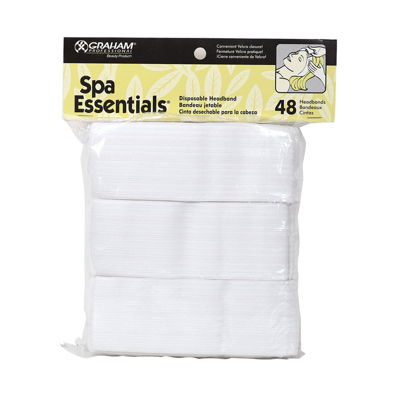 Graham Spa Essentials white disposable headbands, 48-count retail bag, front view