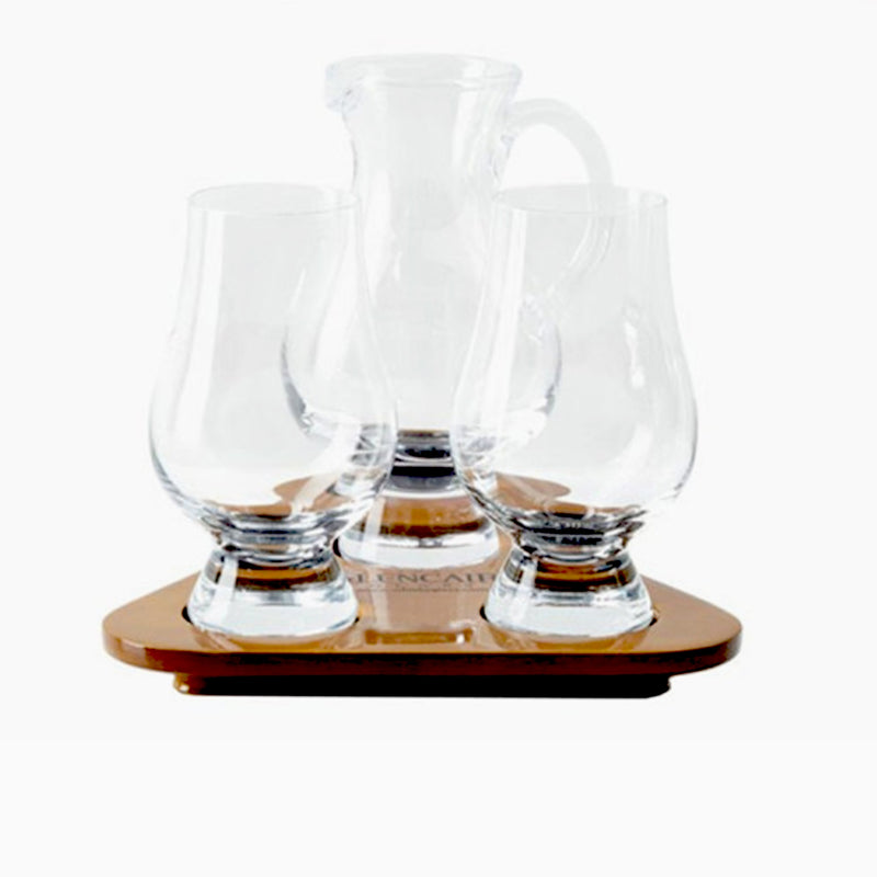 Glencairn four-piece whisky tasting set, two glasses and water jug on a wooden tray