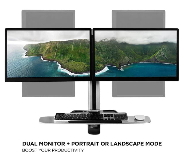 Mount-IT - Sit Stand Workstation Wall Mounted with Dual Monitor & Keyboard Tray Gas Spring Includes CPU Wall Mount Heavy Duty Steel & Aluminum