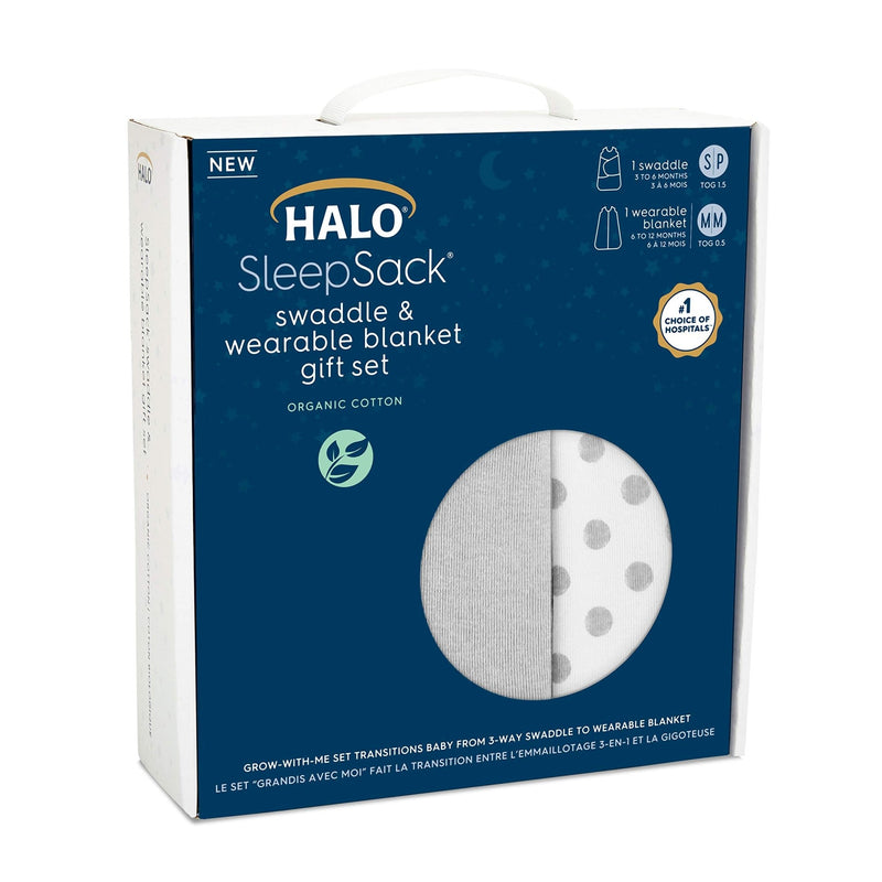 HALO - 100% Organic Cotton 2Pc Gift Set Sleepsack Swaddle And Sleepsack | Cloud Solid And Dot - Neutral - Small/Medium Mother & Baby