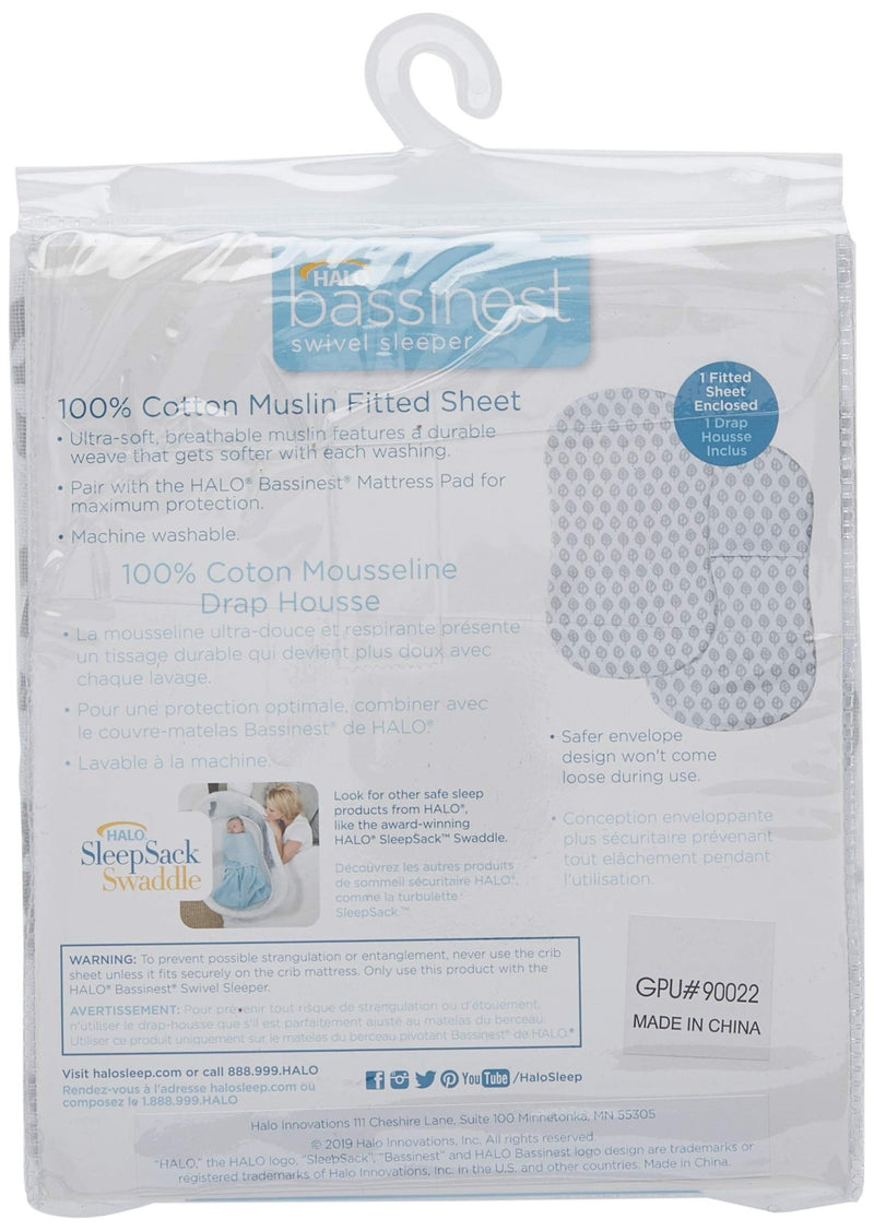HALO - Bassinest Fitted Sheet - Cotton Furniture Grey Leaf 100% Cotton Muslin