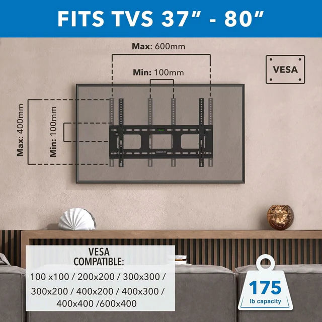 Mount-IT - TV Mount Heavy Duty Super Strength Up to 80 In up to 175 lbs Tilt Integrated Level High Strength Steel Openings for Cable Management - Black