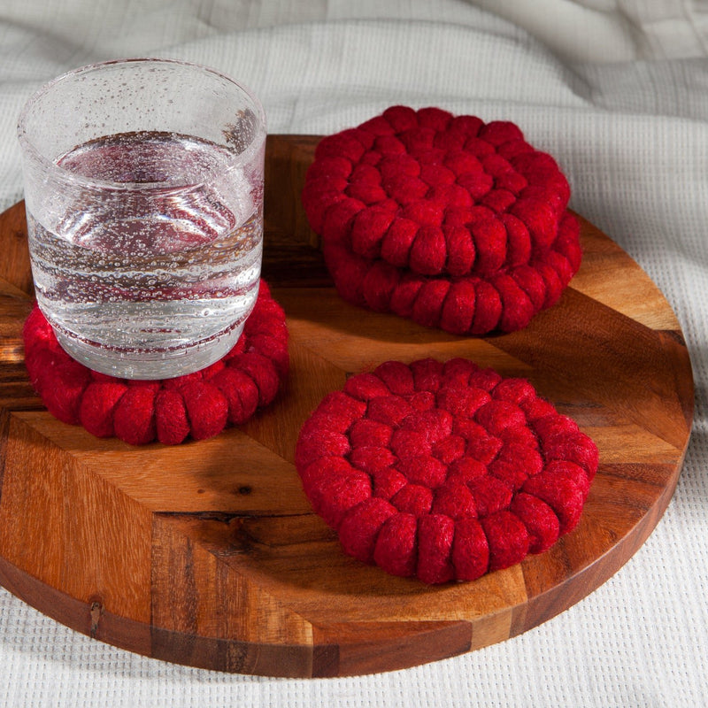Heirloom - Chili Wool Felt Ball Coasters Set of 4 Home & Kitchen