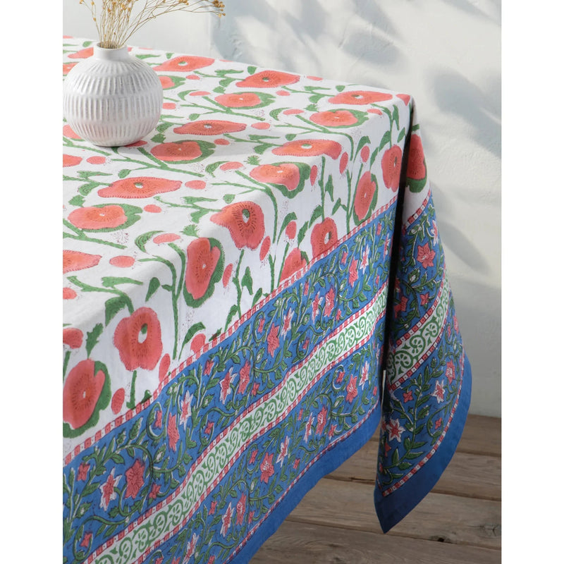 Heirloom - Poppy Block Print Tablecloth 90 x 60 inch Home & Kitchen