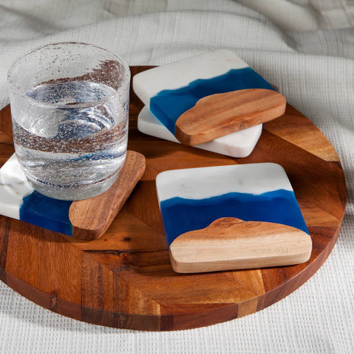 Heirloom - Skyline Azure Marble and Wood Coasters Set of 4 Home & Kitchen
