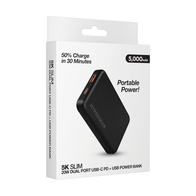HyperGear - Basics Powerbank 5000mAh 2 Port USB - A (18W) USB - C (20W) PD Slim & Compact - Black Electronics