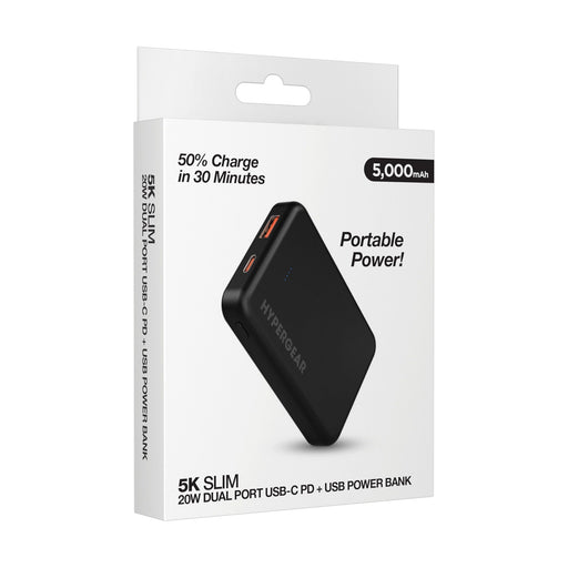 HyperGear - Basics Powerbank 5000mAh 2 Port USB - A (18W) USB - C (20W) PD Slim & Compact - Black Electronics