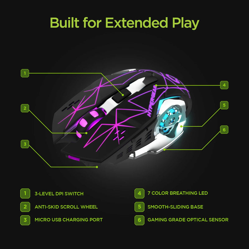 HyperGear - Hypergear Gaming Mouse Wireless 2.4Ghz Chromium 6 Button 1600Dpi 7 Colour Led Pc/Mac - Black Electronics