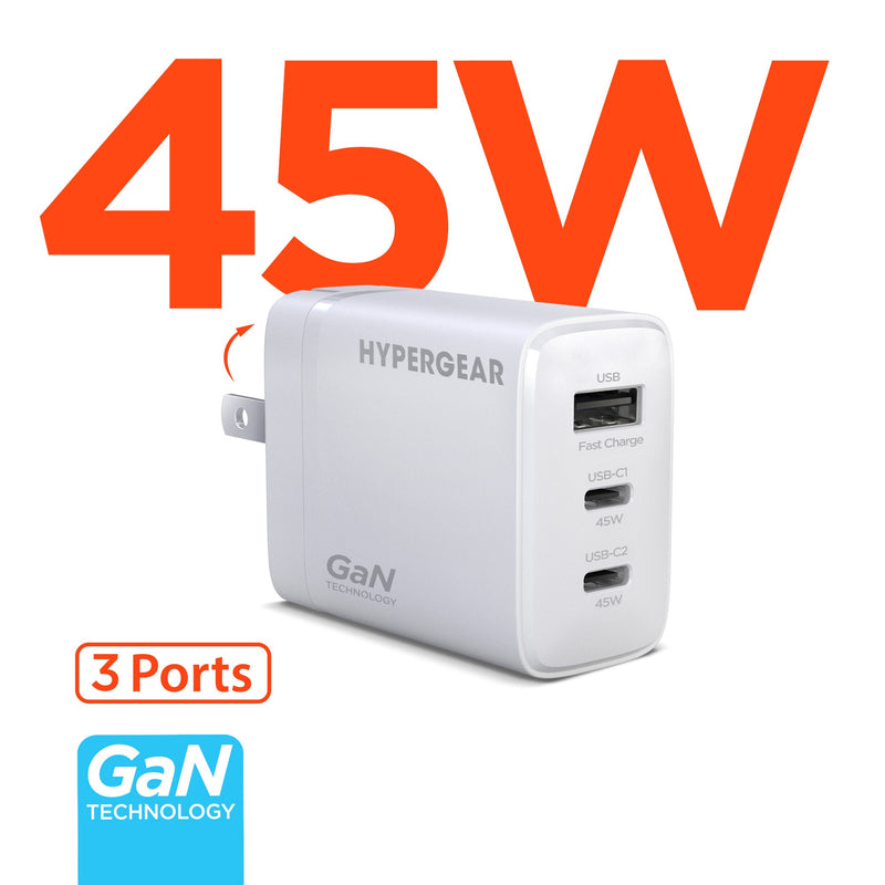 HyperGear - Hypergear Wall Charger 45W Gan 3 Port 2X Usb - C Pd (45W) 1X Usb - A Fast Charge - White Electronics