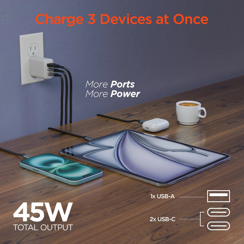 HyperGear - Hypergear Wall Charger 45W Gan 3 Port 2X Usb - C Pd (45W) 1X Usb - A Fast Charge - White Electronics