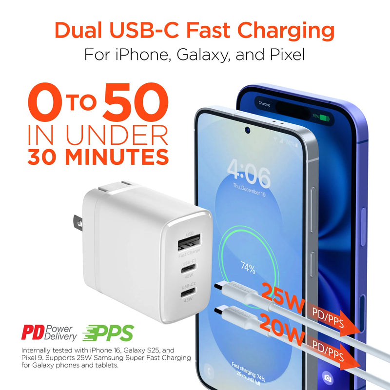 HyperGear - Hypergear Wall Charger 45W Gan 3 Port 2X Usb - C Pd (45W) 1X Usb - A Fast Charge - White Electronics