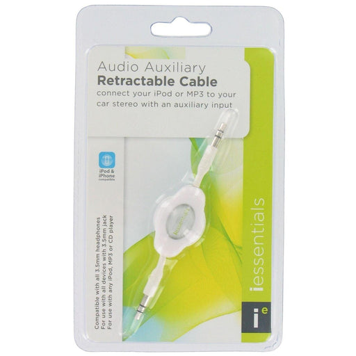 iEssentials - Auxiliary Stereo 35Mm Cable Retractable 33Ft - White - Limolin 