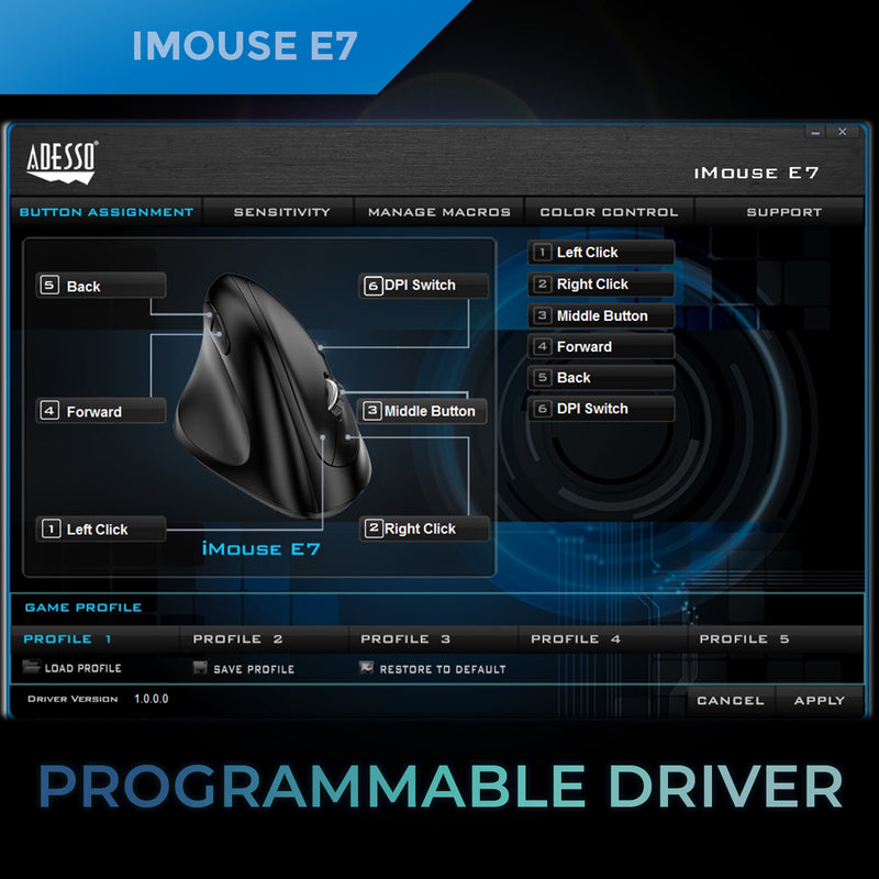 Adesso - Gaming Mouse Wired Vertical E7 6 Buttons Progammable Left Handed up to 6400dpi Adjustable Weight PC/Mac - Black