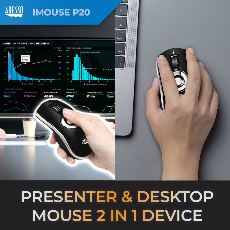 Adesso - Air Mouse Wireless iMouse P20 Elite USB 2.4Ghz Dongle with MotionTools 3 Software for Presentations Mouse/Wireless Presenter PC/Mac - Black & Silver