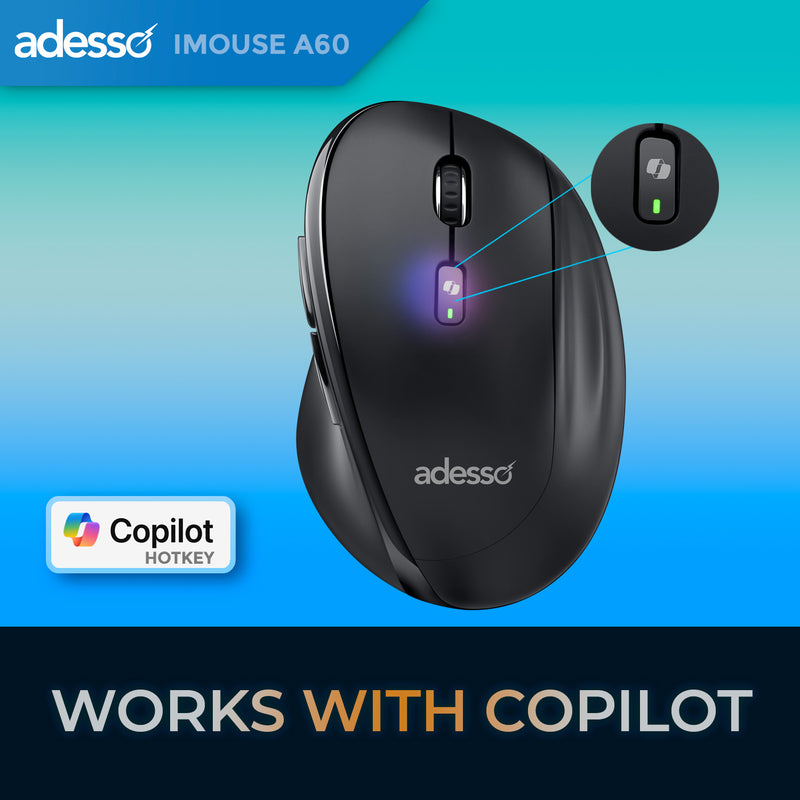 Adesso iMouse A60 Souris ergonomique sans fil Bluetooth/RF 2,4 GHz avec touche d'accès rapide Copilot AI