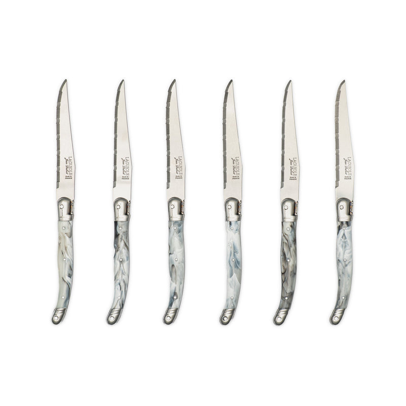Jean Dubost - Laguiole Serrated Knife Set ABS Handle 6pc Home & Kitchen White Marble
