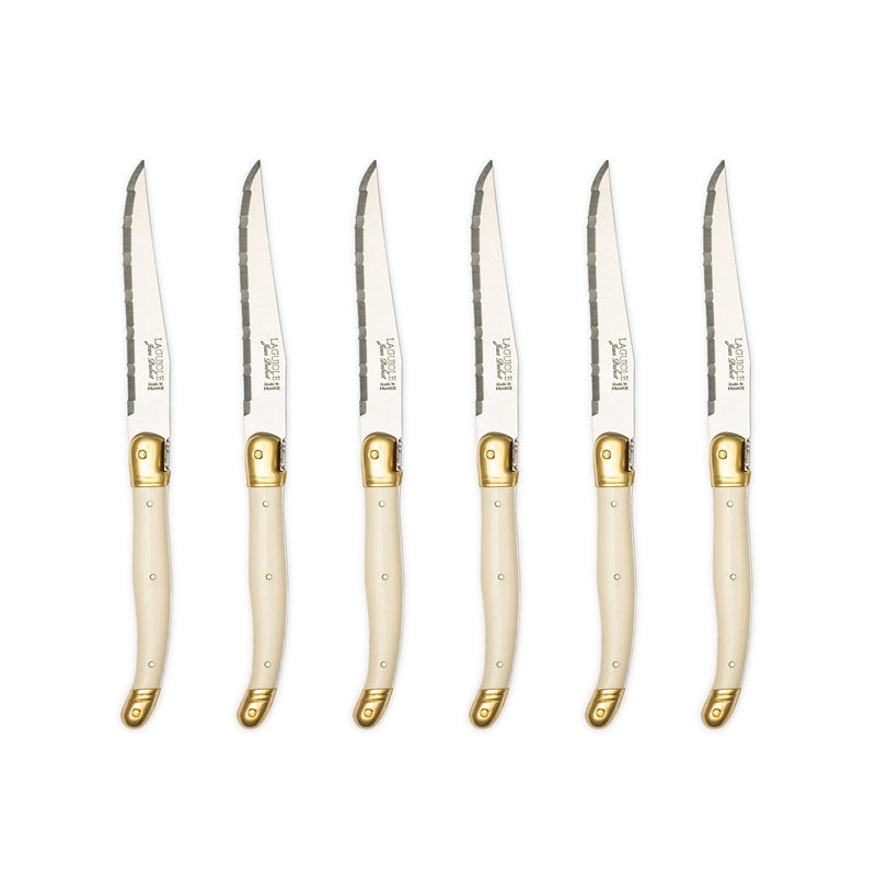 Jean Dubost - Laguiole Serrated Knife Set ABS Ivory w/Brass 6pc Home & Kitchen
