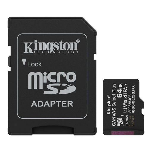 Kingston - MicroSD Card 64GB Canvas Select Plus with SD Adapter - Black Electronics