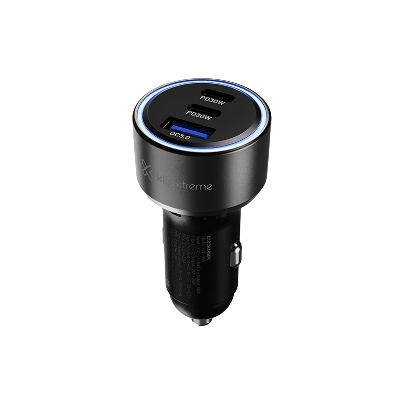 Klipxtreme - Car Charger 3 - Port 140W (2x USB - C, 1x USB - A) with LED - Black Electronics