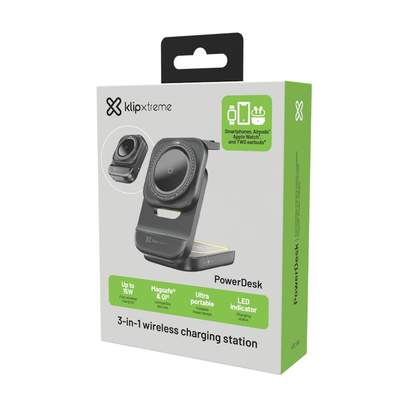 Klipxtreme - Qi Charging Stand 3 in 1 Phone (15W) Airpods (3W) Watch (2W) Foldable Stand LED Night Lamp 3ft USB - C Cable Included - Black Electronics