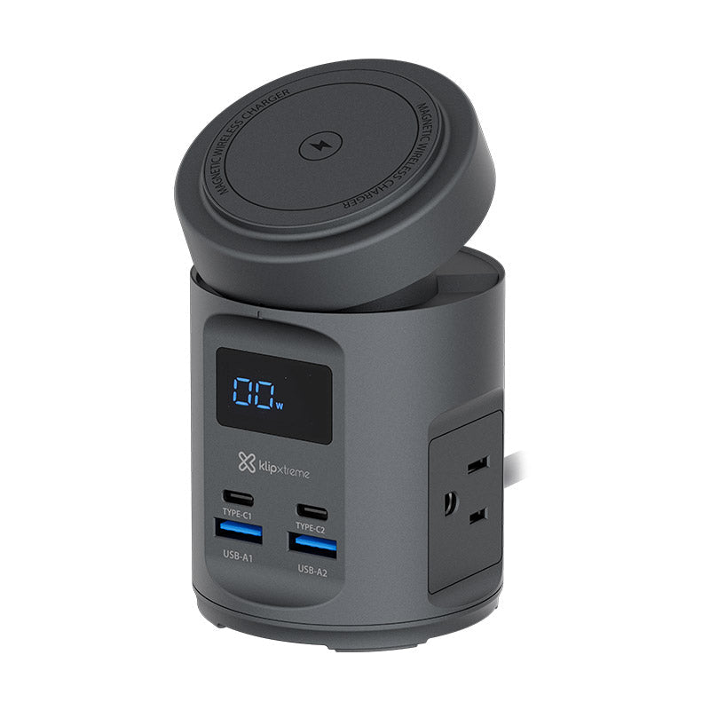Klipxtreme - Qi Charging Stand 7 in 1 Powerdesk Ultra Charge Pad (15W) 2X USB - C (65W PD) 2X USB - A (22.5W) 2X 65W AC Outlets LED Display - Black
