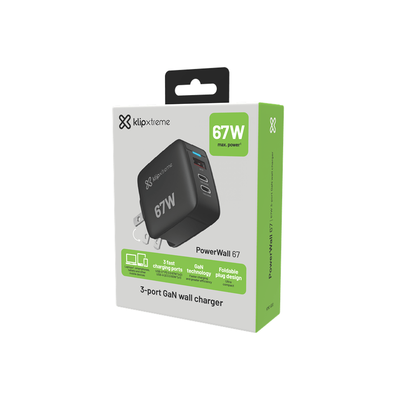 Klipxtreme - Wall Charger 3 Port 67W PowerWall 67 2x USB - C PD 3.0 1x USB - A QC 3.0 - Black Electronics