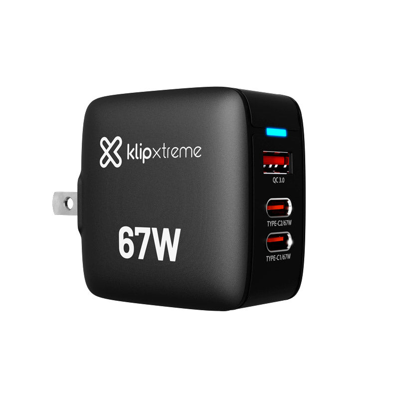 Klipxtreme - Wall Charger 3 Port 67W PowerWall 67 2x USB - C PD 3.0 1x USB - A QC 3.0 - Black Electronics