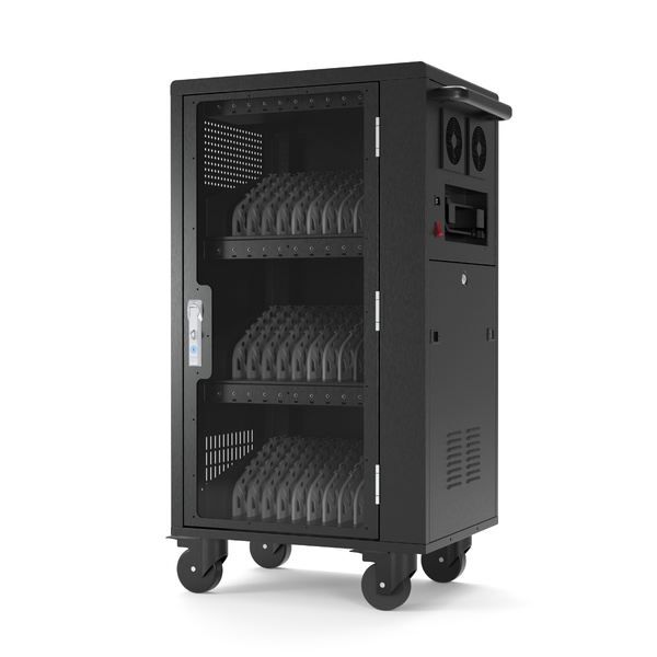 Luxor LLTP30USBC black charging cart, angled view