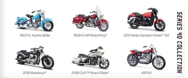 Maisto Harley-Davidson Series 40 assortment examples – includes one randomly selected motorcycle