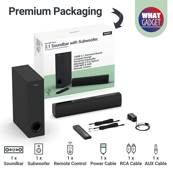 Majority - Bluetooth Sound Bar & Subwoofer Compact 100W Bowfell Plus with Remote Control - Black Electronics