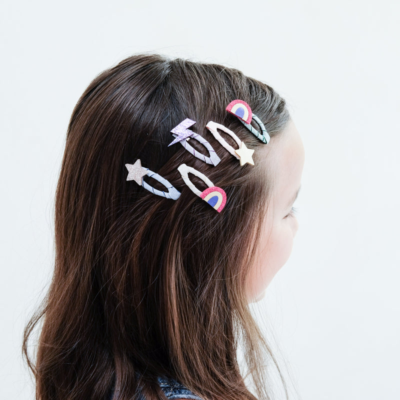 Mimi & Lula Rainbow Mini Clic Clacs Hair Clips (5-Pack) - detail or styling view; other accessories shown are not included