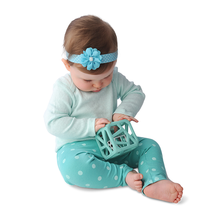 Malarkey Kids Chew Cube Teething Rattle – Mint Green – baby grasping mint green cube