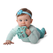 Malarkey Kids Chew Cube Teething Rattle – Mint Green – baby exploring mint green cube during tummy time