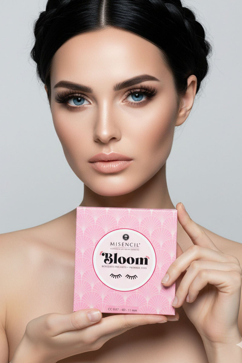 Model wearing Misencil BLOOM matte black lash fans