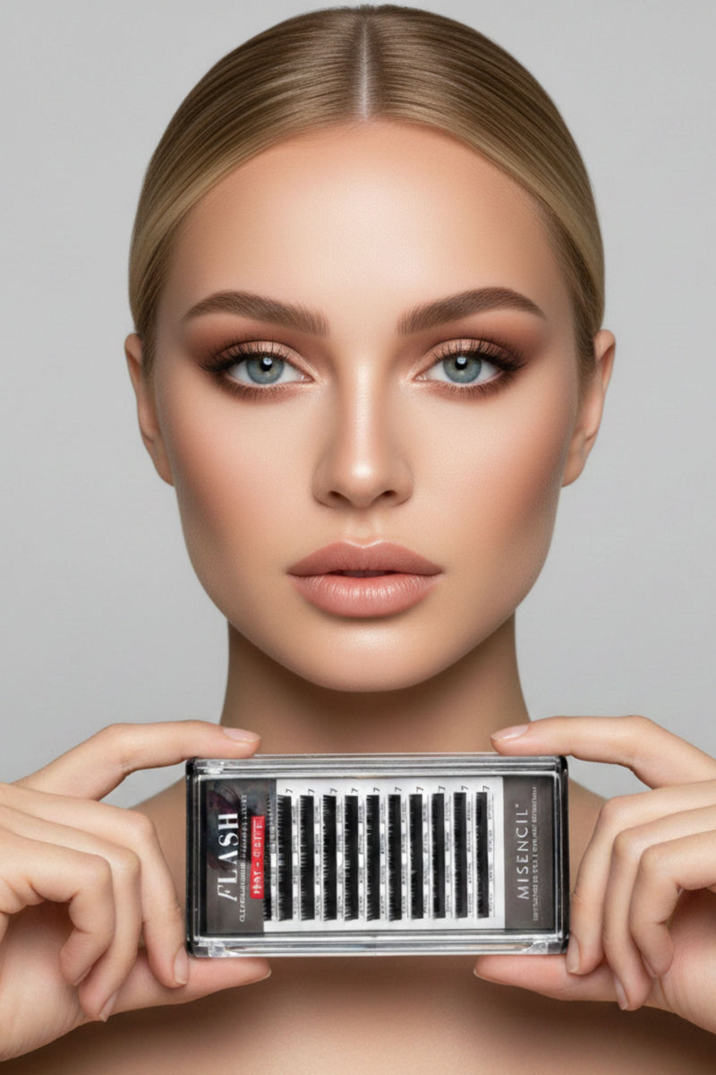 Model wearing Misencil FLASH MAT flat lash extensions