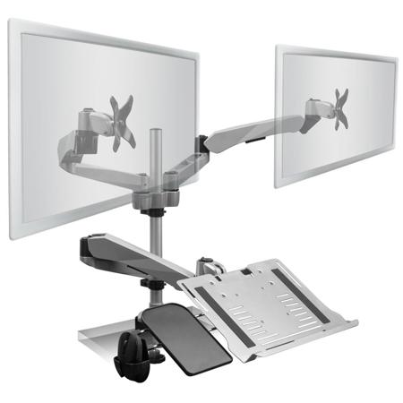 Mount-It MI-75921 dual monitor desk mount with vented laptop tray