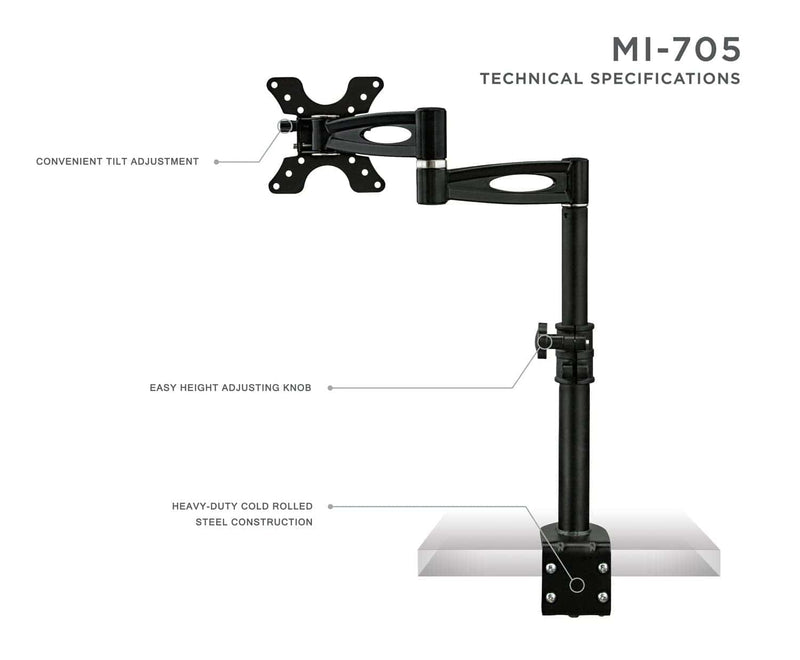 Mount - IT - Single Monitor Clamp Full Motion up to 30" - Black Electronics