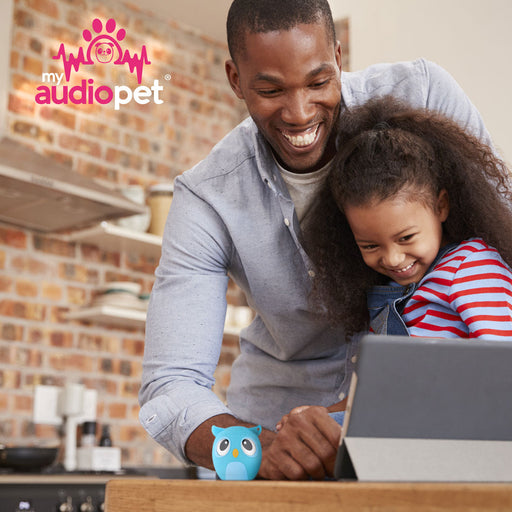 My Audio Pet OwlCapella Blue the Owl speaker in a family listening scene