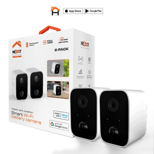 Nexxt - Smart Home Outdoor/Indoor Wifi Battery Camera (2 PACK) 1080p IP65 2 Way Comm Night & Motion Sensors Rechargeable Battery - Wall or Desk Use - White Cameras & Optics