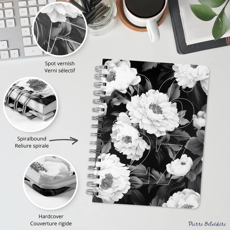 PBI - ACADEMIC AGENDA 2026 - 2027 - MEDIUM 1W/2P - BLACK AND WHITE FLOWERS Office Supplies