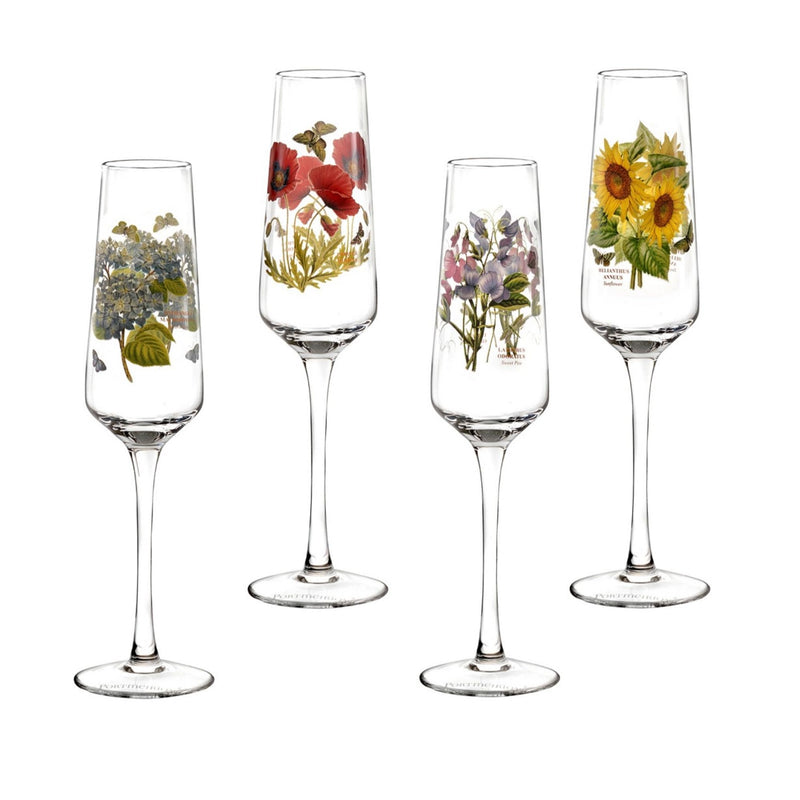 Portmeirion - Botanic Garden - Set of 4 Champagne Flutes (Sunflower, Poppy, Hydrangea, Sweet Pea) | 8 oz Home & Kitchen