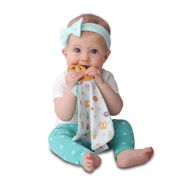 Malarkey Kids Munch-It Blanket Teether – Sweet & Salty – baby using pretzel blanket teether