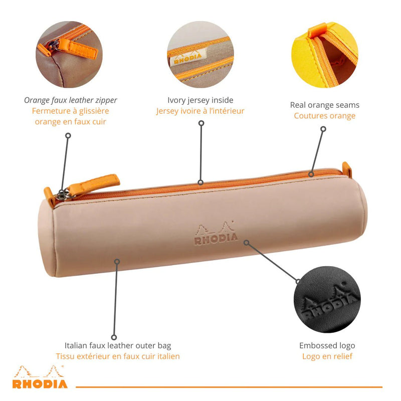 Rhodia - Italian Leatherette Round Pencil Case(8.45x2in) Office Supplies Rose Smoke