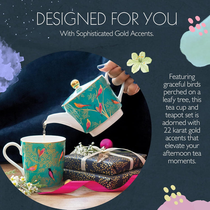 Sara Miller - Chelsea - Tea for One - Green Teapot, Cup, and Saucer Set | 12 oz Home & Kitchen