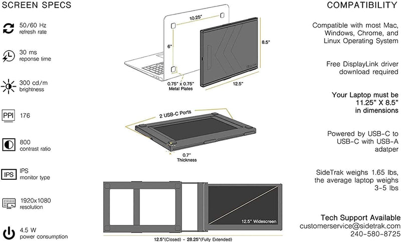 SideTrak - Slide Portable Monitor 12.5 in | PC / MAC / Chrome - Black Electronics