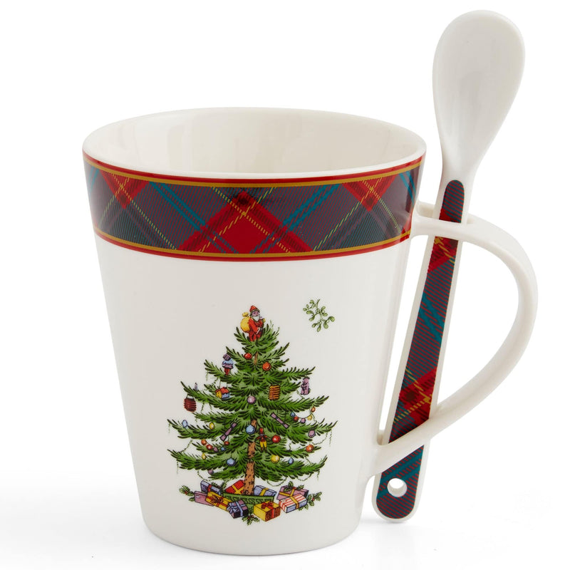 Spode - Christmas Tree Tartan - Tartan Mug and Spoon | 14 oz Home & Kitchen