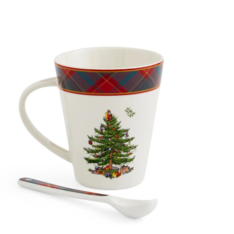 Spode - Christmas Tree Tartan - Tartan Mug and Spoon | 14 oz Home & Kitchen